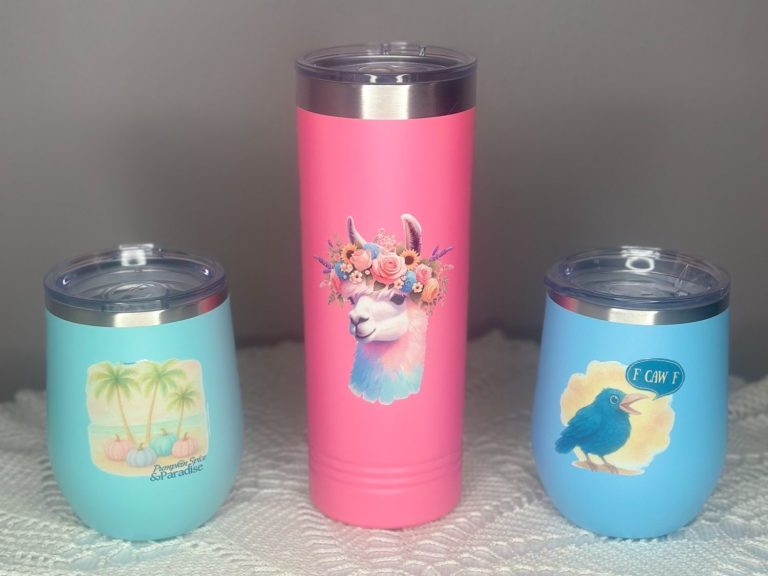 Custom Polar Camel Cups - Stemless Wineglass and Skinny tumbler - Pumpkin Spice and paradise, F CAW F, and Llama designs